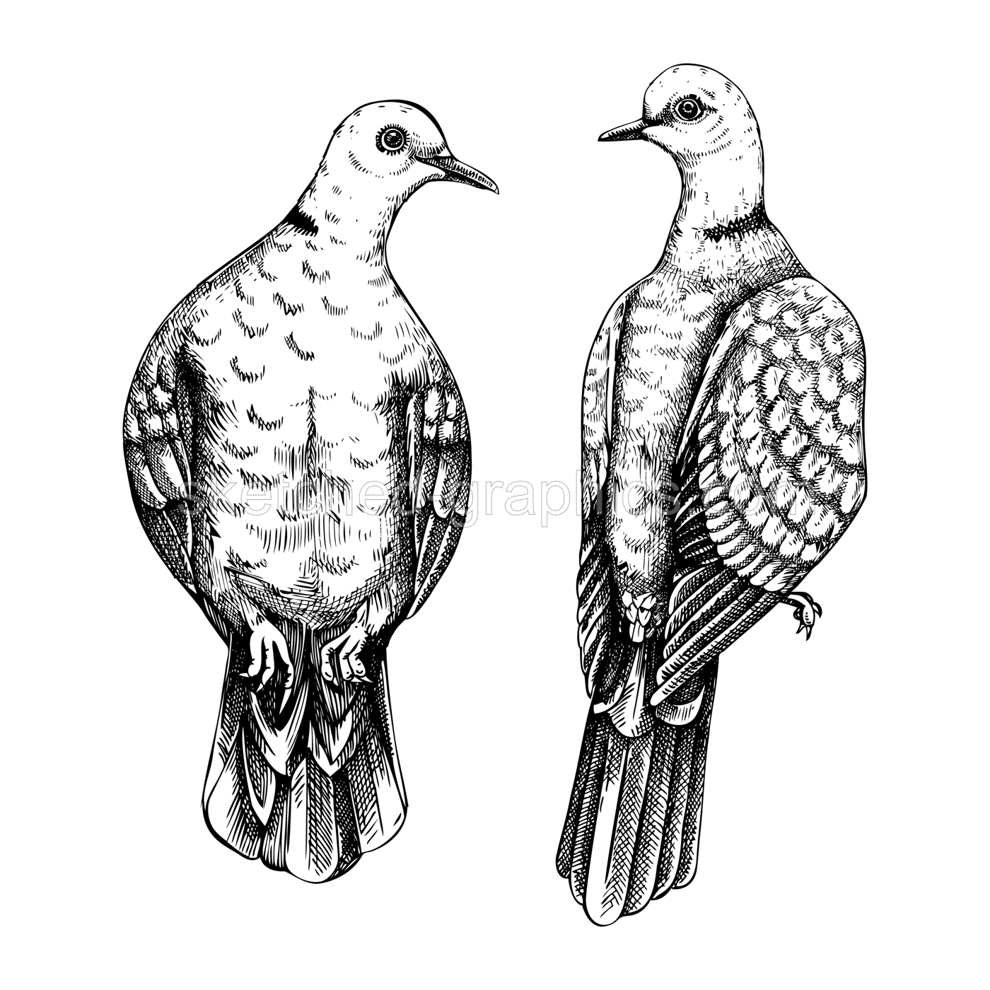 Two sitting collared doves drawings. Wildlife sketches set. Vector nature illustration isolated on white background. Hand drawn birds isolated on white background for prints or cards Illustration